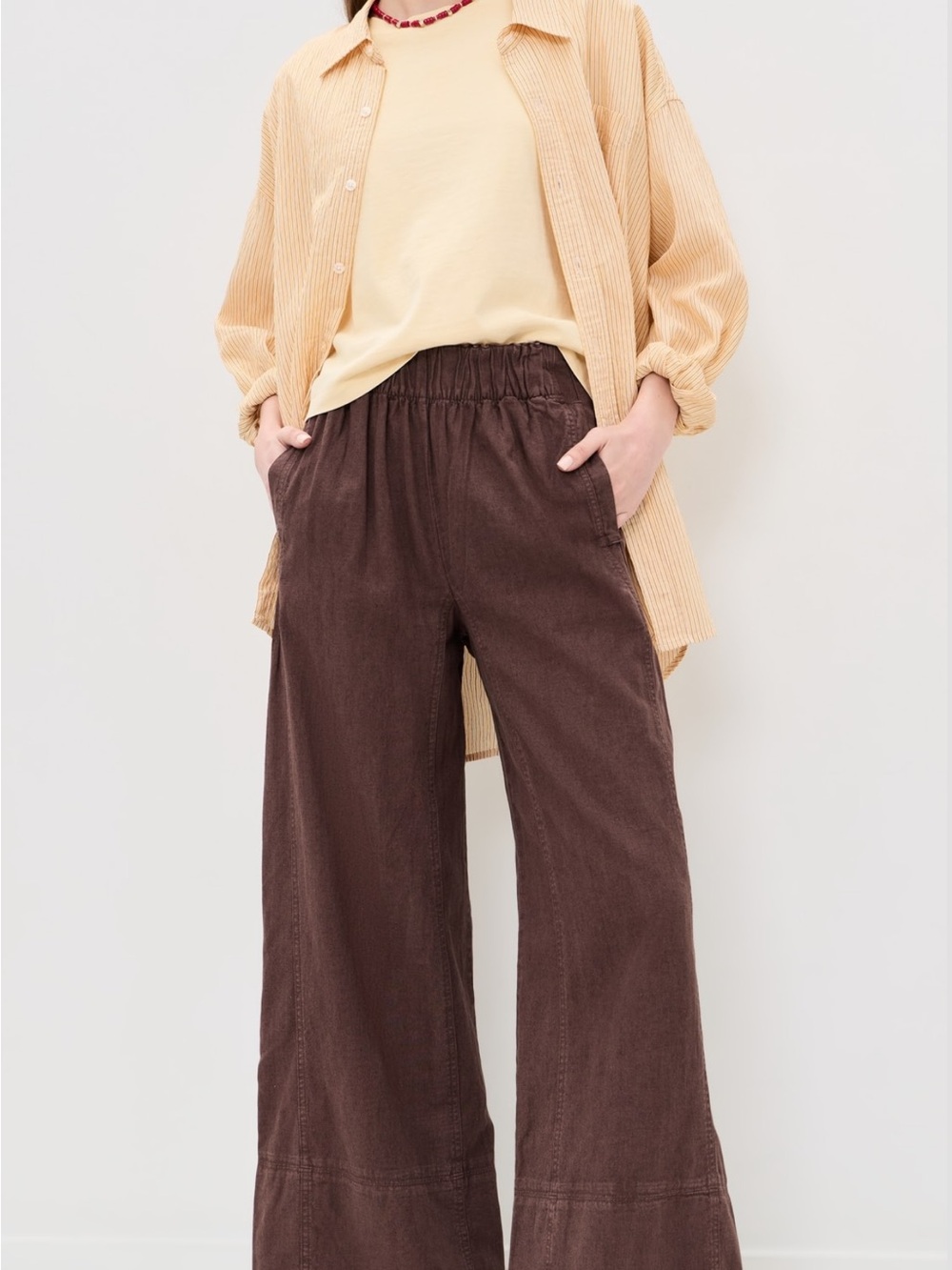 Free People Chocolate Brown Wide-Leg Elastic Waist Pants linen like new!!!
